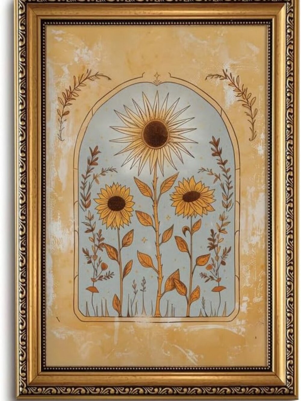 Vintage Yellow Sunflower Wall Art - Gold Framed Boho Botanical Decor